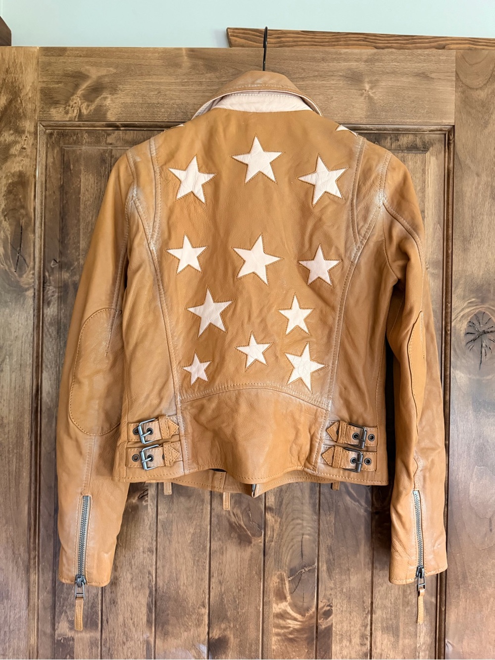 Tan Leather Star-Accent Moto Jacket